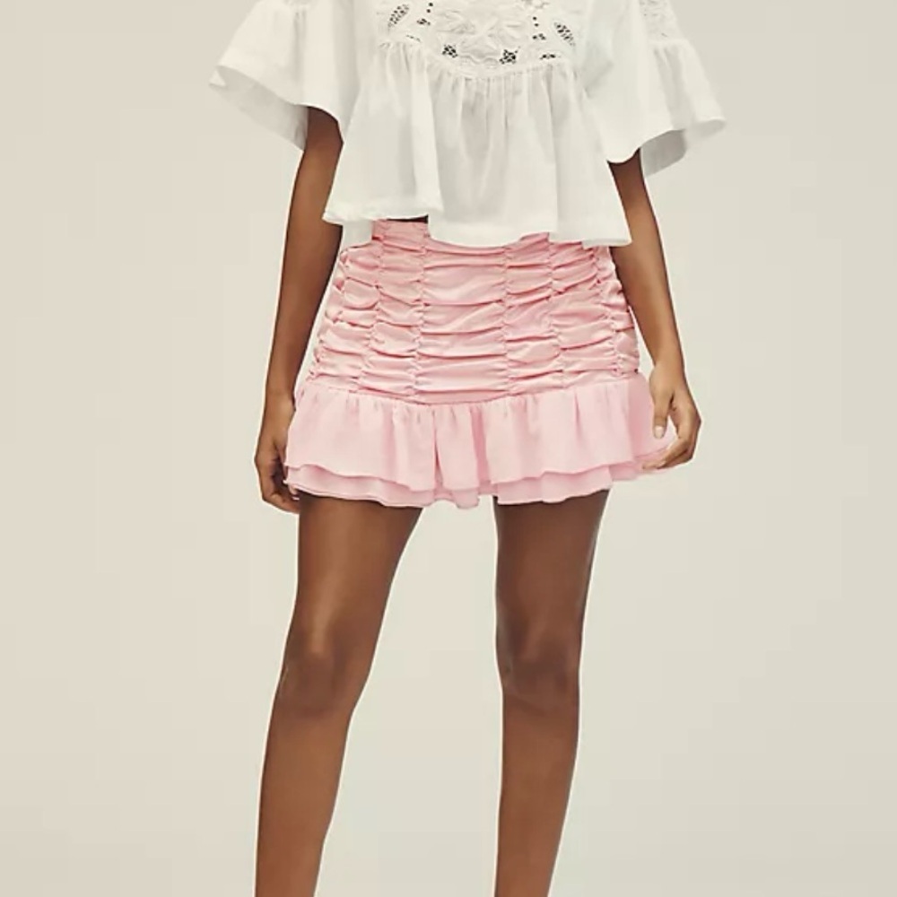 NWT Anthropologie Maeve Satin Chiffon Ruched Mini Skirt Pink Size M Coquette - Picture 2 of 13